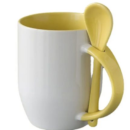 Tazón sublimable de 12oz con cuchara interior y asa de color amarillo. Perfecto para personalización y regalos únicos. Ideal para sublimación y estampado de alta calidad. (copia) (copia)