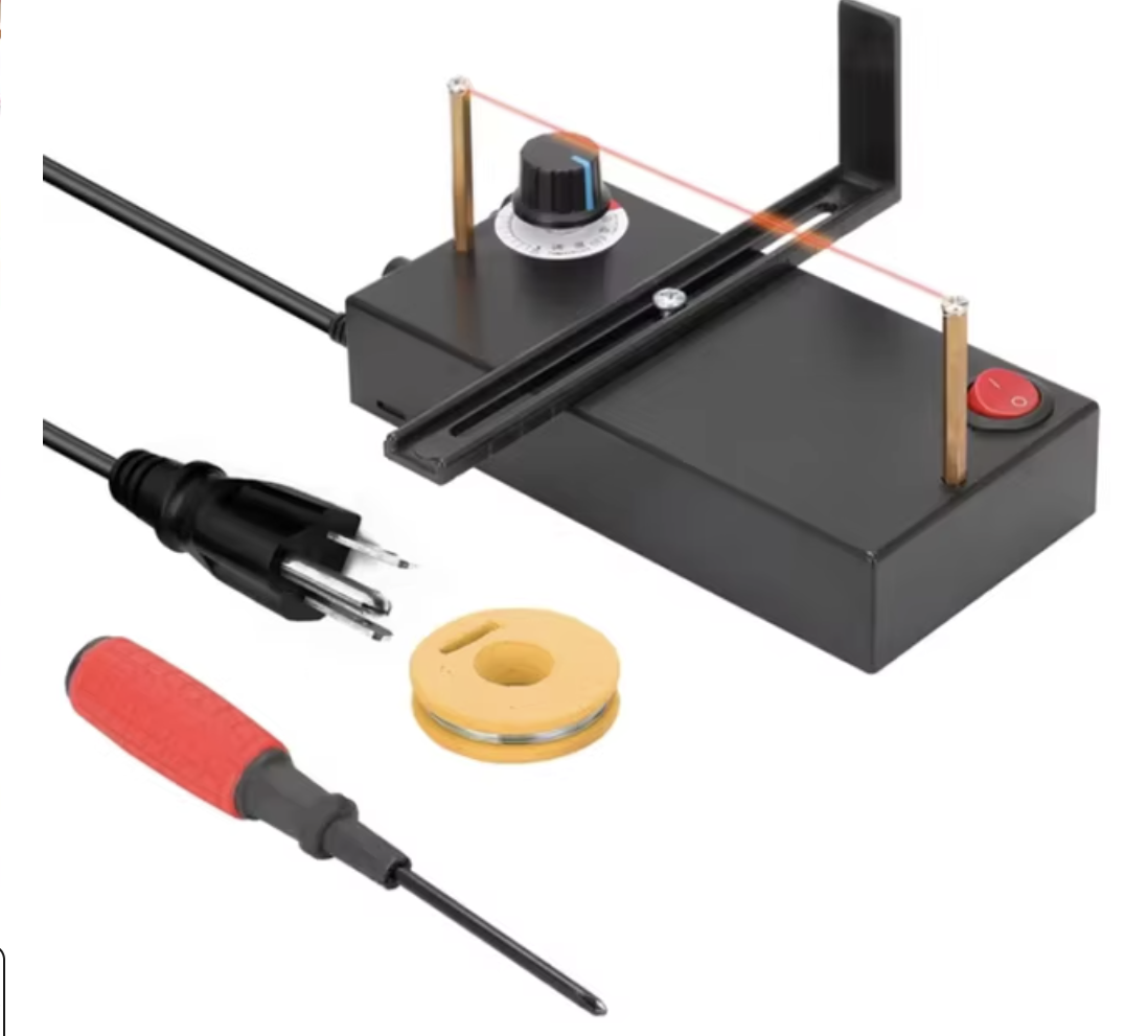Cortador de cintas caliente, ajustable de 100-600°C. Ideal para cortar cintas, encajes y bandas de nylon. Compacto, eficiente y seguro para uso en talleres.