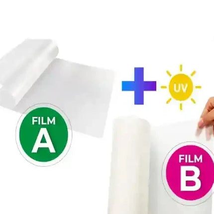 Film para UV DTF papeles A y B - 1 hoja A4 del A y 50cm lineales de film de laminado B