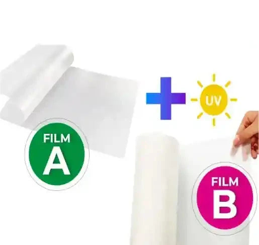 Film para UV DTF papeles A y B - 1 hoja A4 del A y 50cm lineales de film de laminado B