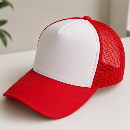 Jockey rojo de malla con panel frontal blanco, vista lateral