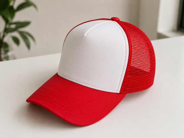 Jockey rojo de malla con panel frontal blanco, vista lateral