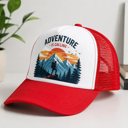 Jockey rojo de malla personalizado con diseño de aventura y montañas