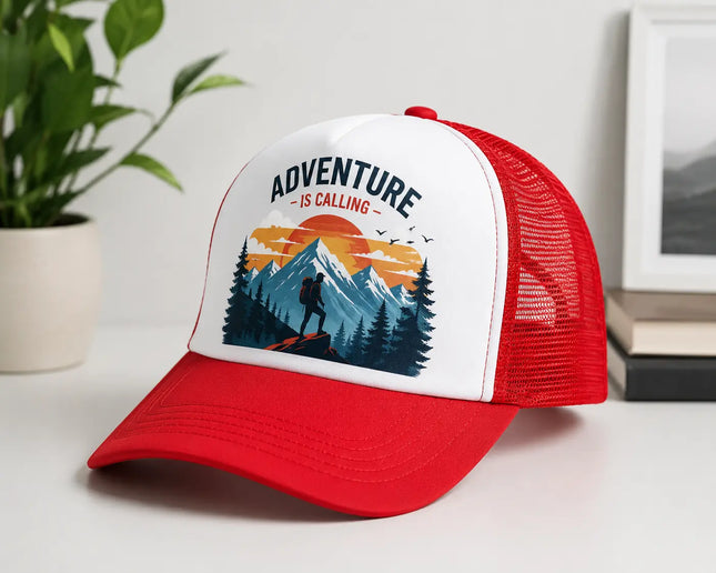 Jockey rojo de malla personalizado con diseño de aventura y montañas