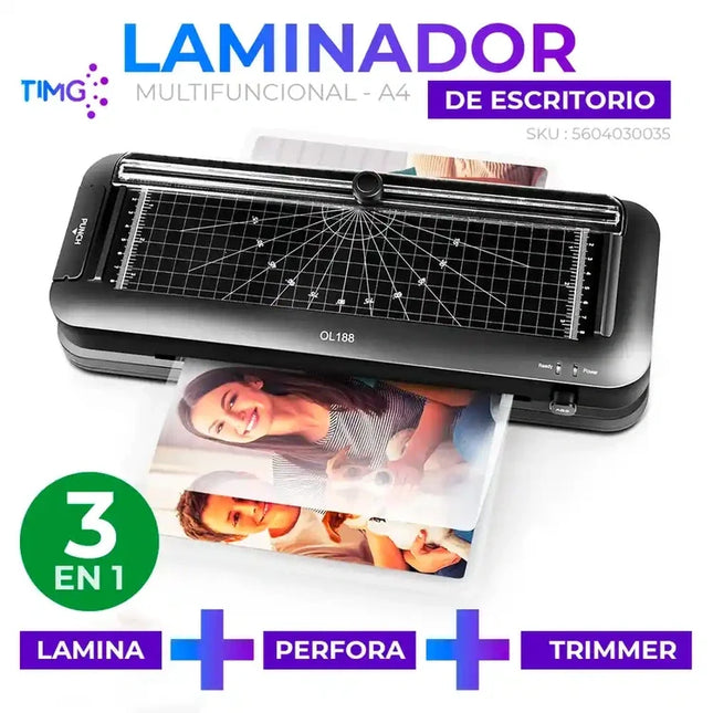 Vista frontal del laminador negro multifunción con fotografía laminada