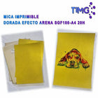 Mica imprimible dorada efecto arena A4 junto a ejemplo personalizado