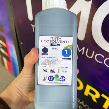 Tinta Ecosolvente serie A, 1 litro, colores CMYK CL ML, Hecha en Taiwán