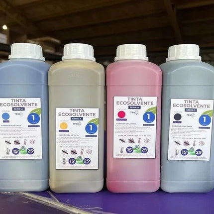 Tinta Ecosolvente serie A, 1 litro, colores CMYK CL ML, Hecha en Taiwán