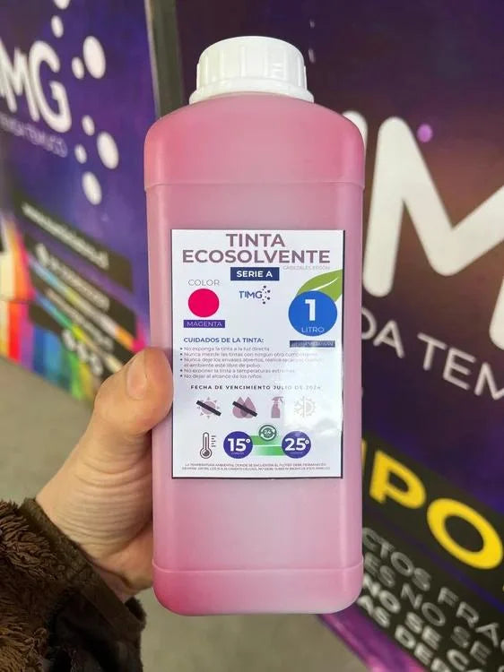Tinta Ecosolvente serie A, 1 litro, colores CMYK CL ML, Hecha en Taiwán