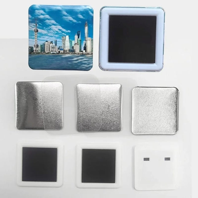 Chapa Chapita Cuadrada Magnética 50mm, 100 unidades ideal para promociones y regalos personalizados. Fácil de sublimar y perfecta para decorar