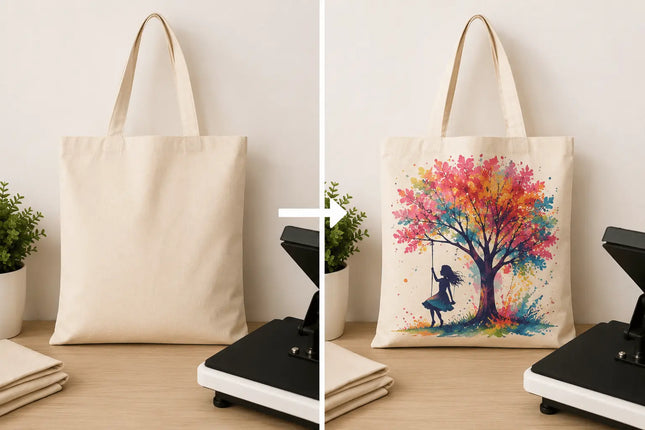 Bolsa de lona natural sin estampar y ejemplo personalizado con árbol de colores