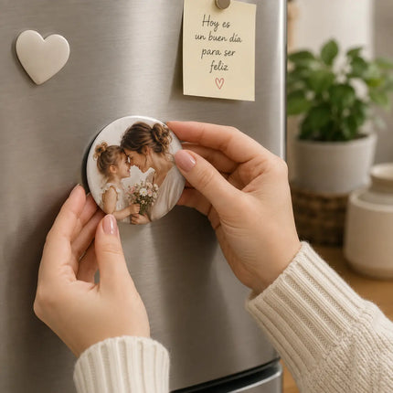 Chapita magnética personalizada de 58 mm colocada en un refrigerador