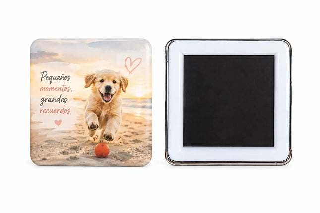 Chapita magnética cuadrada personalizada con perro, vista frontal y posterior