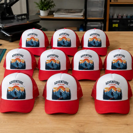Conjunto de diez jockeys rojos de malla personalizados sobre mesa de trabajo