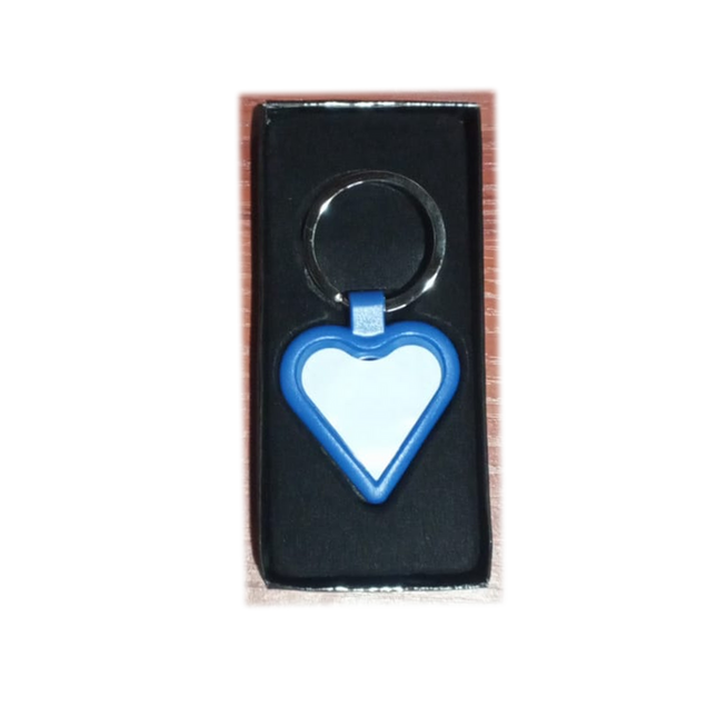 Llavero plástico azul con forma de corazón y placa blanca sublimable