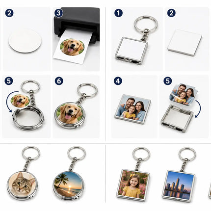 Ejemplos de personalización de llaveros espejo redondos y cuadrados