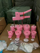 Kit de máquina plástica rosada para chapitas de 58 mm con accesorios