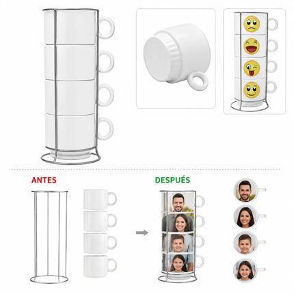 Set de cuatro tazones blancos de 6 onzas antes y después de personalizar