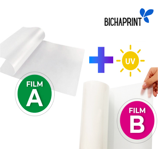 Film para UV DTF papeles A y B - 1 hoja A4 del A y 50cm lineales de film de laminado B