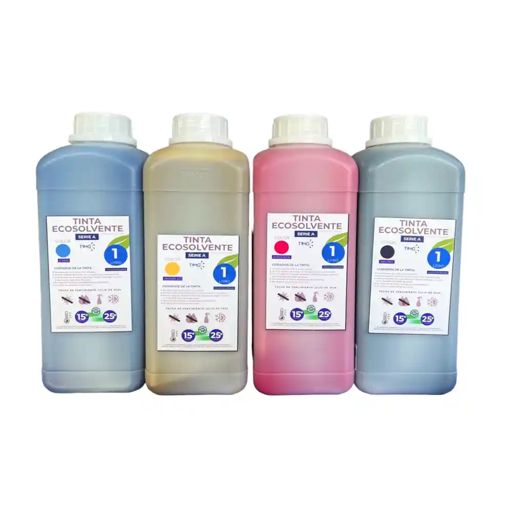 Tinta Ecosolvente serie A, 1 litro, colores CMYK CL ML, Hecha en Taiwán