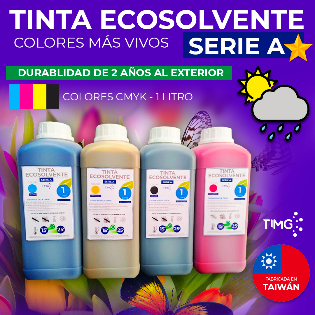 Tinta Ecosolvente serie A, 1 litro, colores CMYK CL ML, Hecha en Taiwán